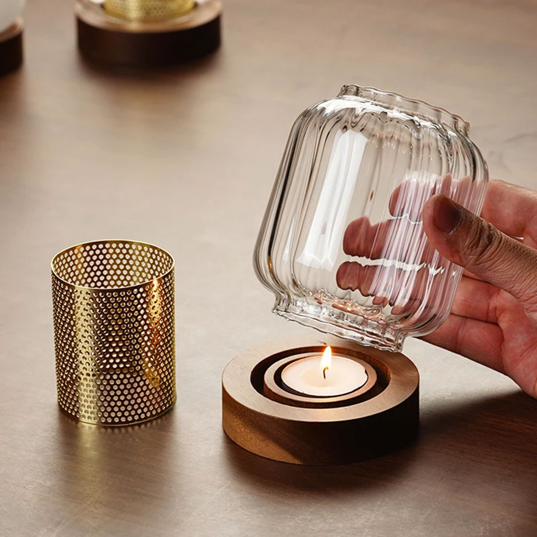Ribbed Glass Hurricane Candle Holder with Wood Base