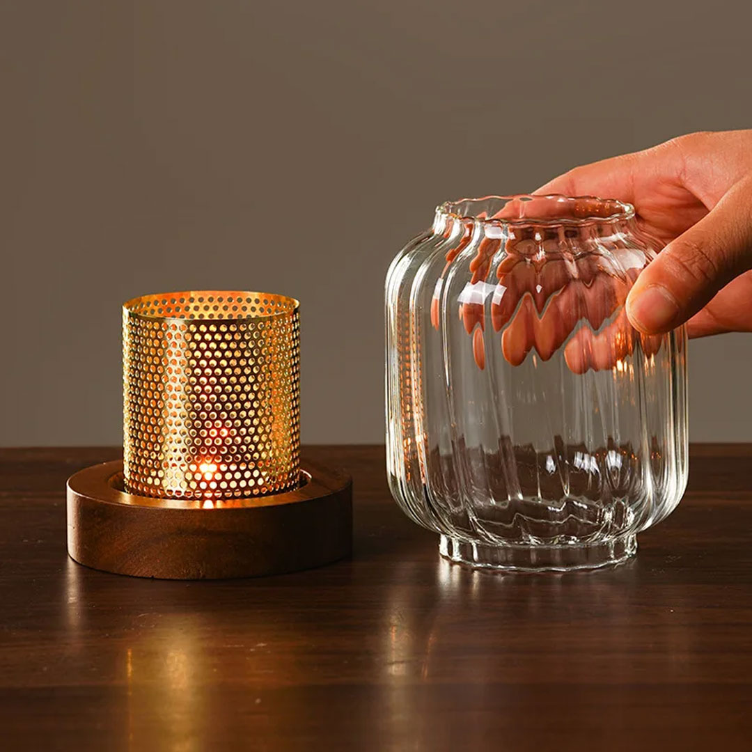 Ribbed Glass Hurricane Candle Holder with Wood Base