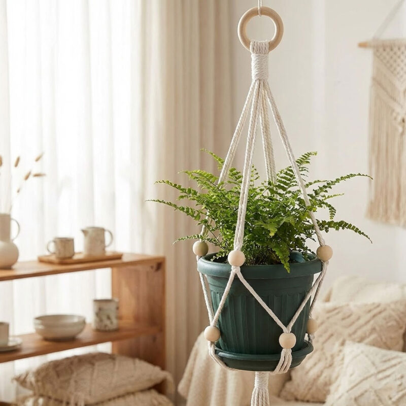2047-Macrame-Plant-Hanger-with-Beads-45cm-1 Macrame Plant Hanger with Beads – 45cm Boho Style