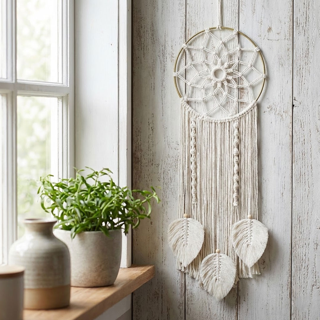 Macrame Wall Hanging Dream Catcher with Leaf Fringe Detail