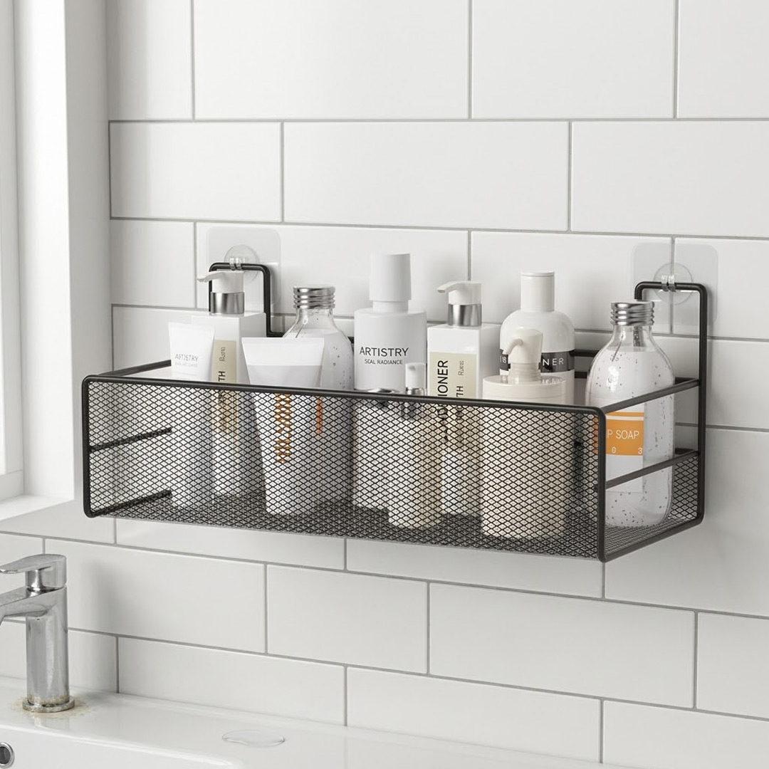 36cm Metal Mesh Bathroom Organizer with Adhesive Hooks