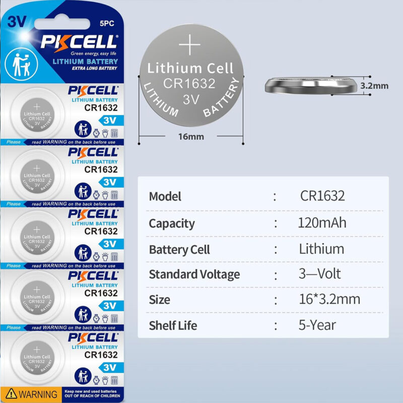 5pcs PKCELL CR1632 3V Lithium Button Cell Batteries