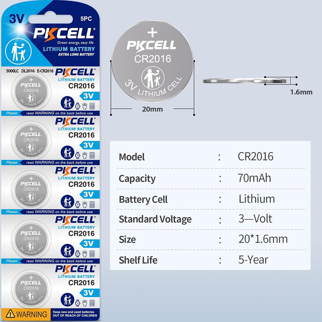 5pcs PKCELL CR2016 3V Lithium Button Cell Batteries