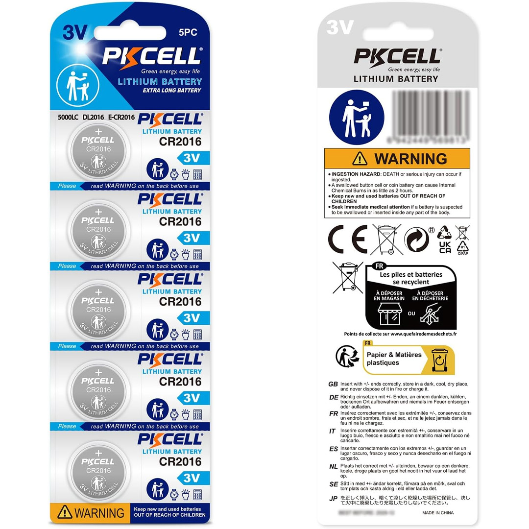 5pcs PKCELL CR2016 3V Lithium Button Cell Batteries
