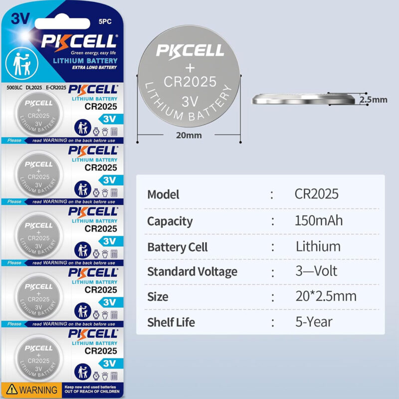 5pcs PKCELL CR2025 3V Lithium Button Cell Batteries