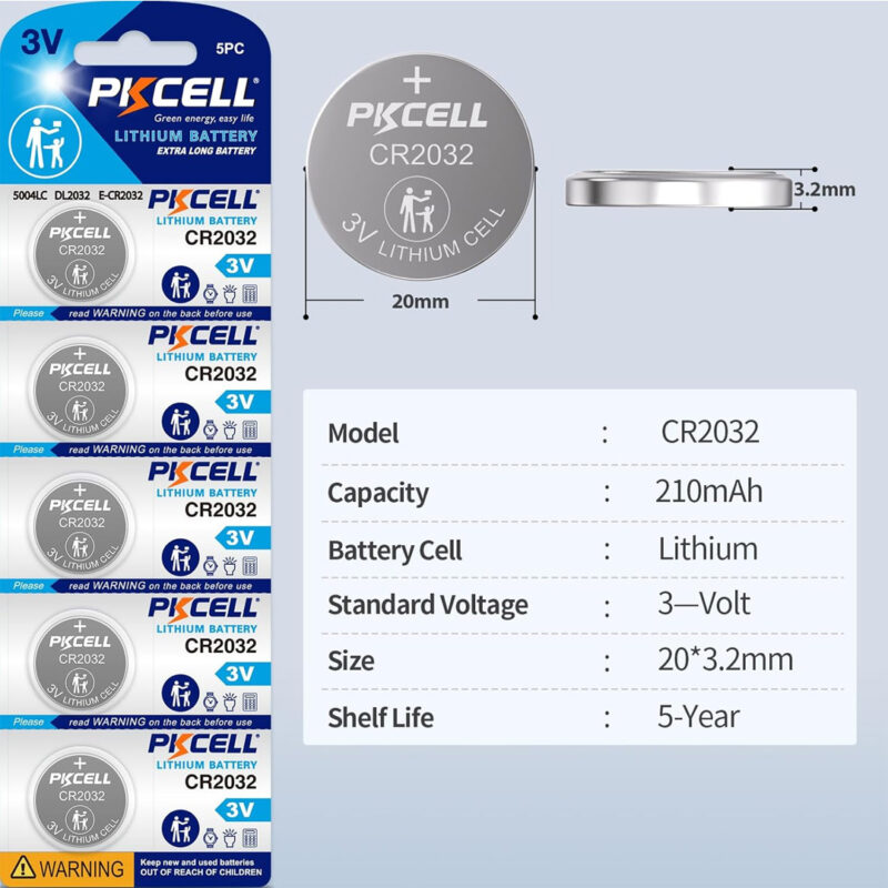 5pcs PKCELL CR2032 3V Lithium Button Cell Batteries