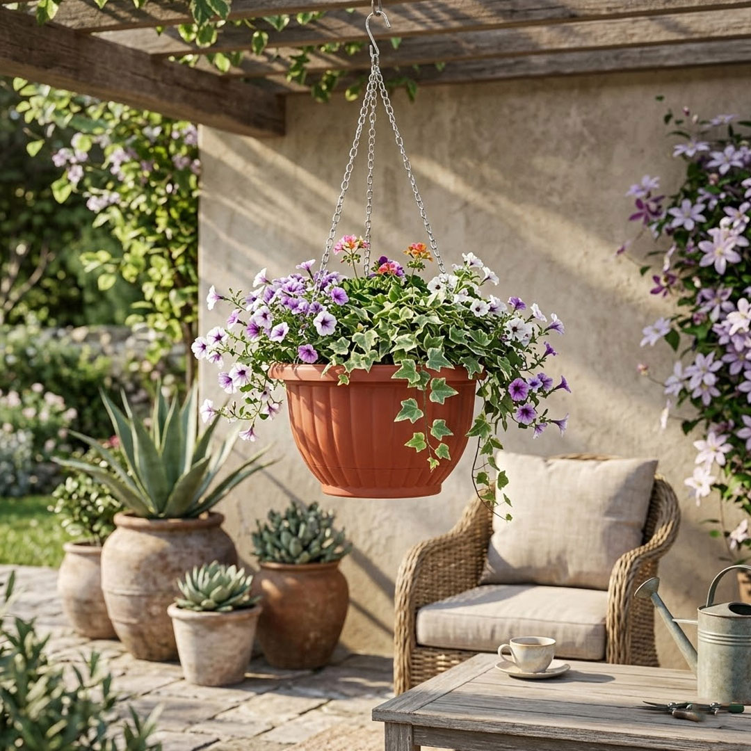 Terracotta Style Plastic Hanging Planter with Metal Chain