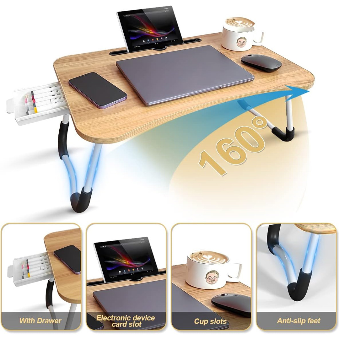 Foldable Laptop Desk with Drawer, Cup Holder and Tablet Slot