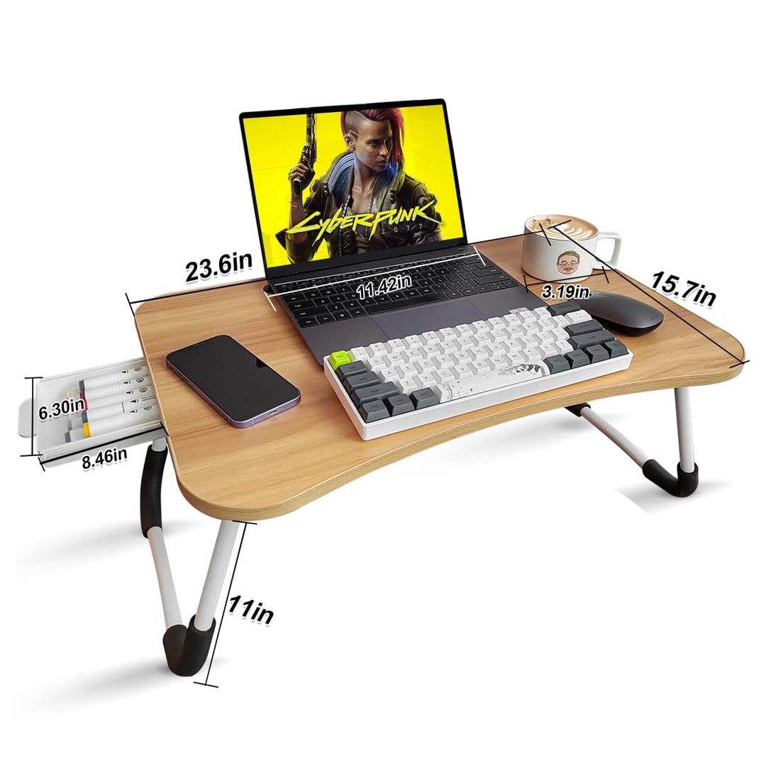 Foldable Laptop Desk with Drawer, Cup Holder and Tablet Slot