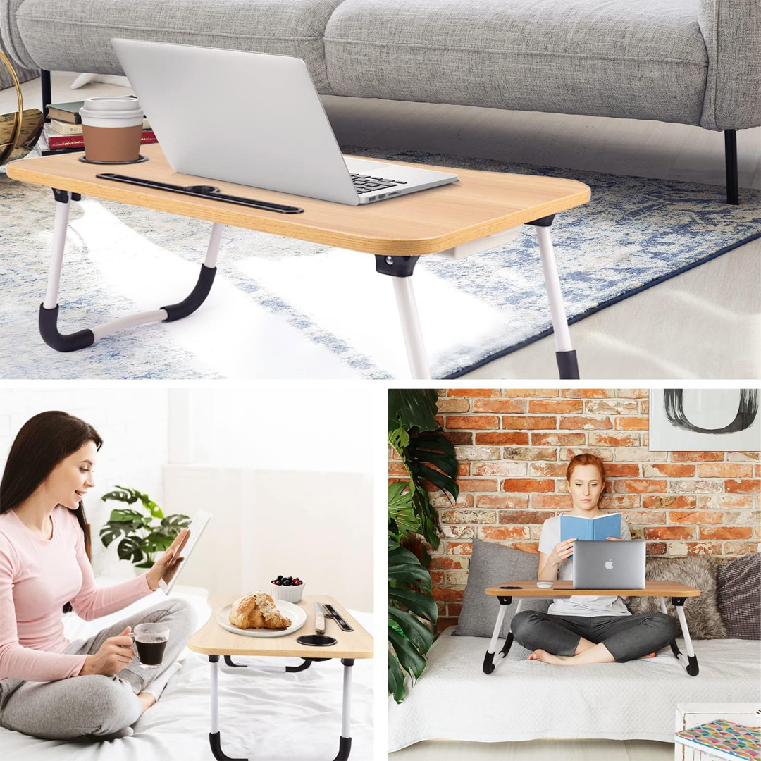 Foldable Laptop Desk with Drawer, Cup Holder and Tablet Slot