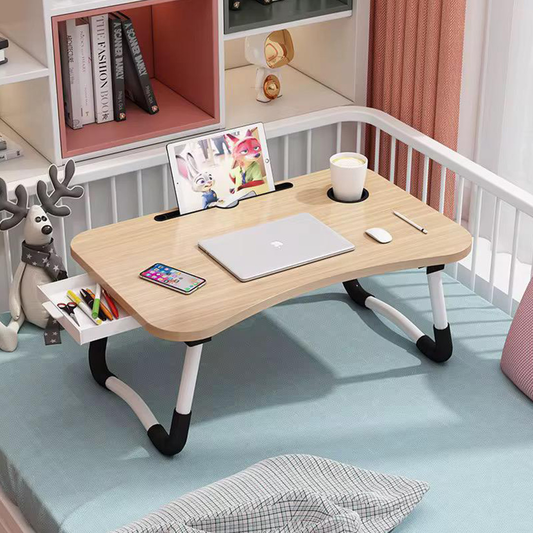 Foldable Laptop Desk with Drawer, Cup Holder and Tablet Slot