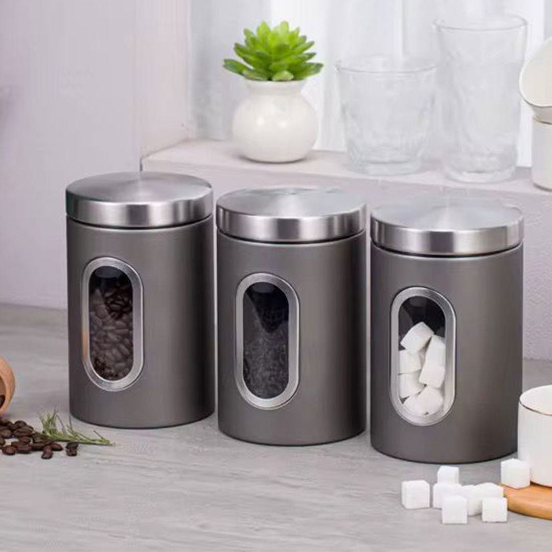 3pc Stainless Steel Storage Jar or Canister Set with Window