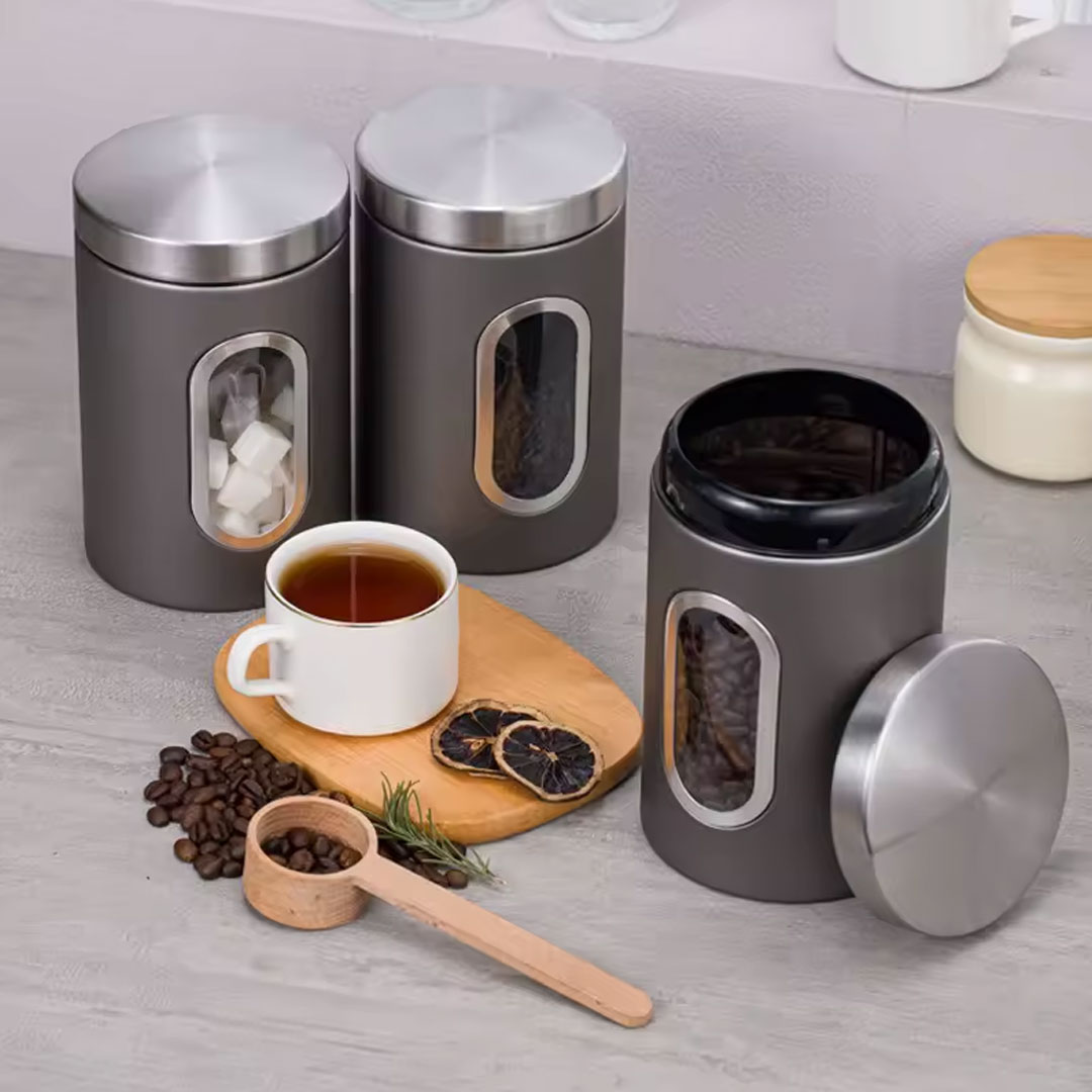 3pc Stainless Steel Storage Jar or Canister Set with Window
