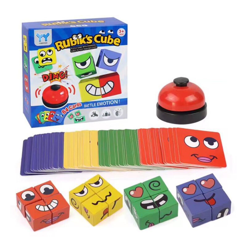 Face-Changing-Rubiks-Cube-Blocks-with-64-Cards-2 Kid's Face Puzzle Cube Game with Bell and 64 Cards