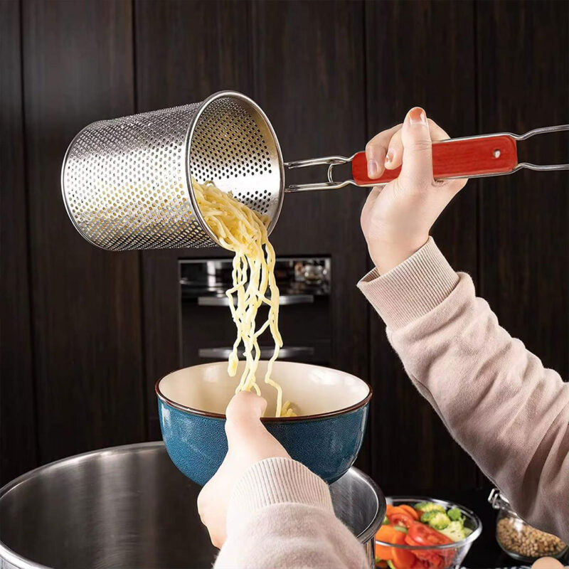 Stainless Steel Noodle Strainer Basket with Wooden Handle