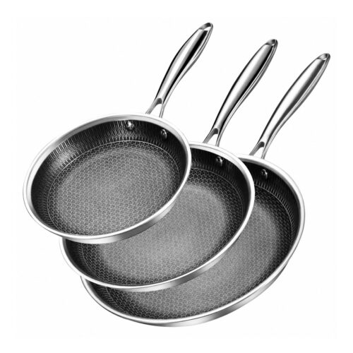 22, 26, or 30cm Tri Ply Stainless Steel Nonstick Frying Pan - Honeycomb Pattern