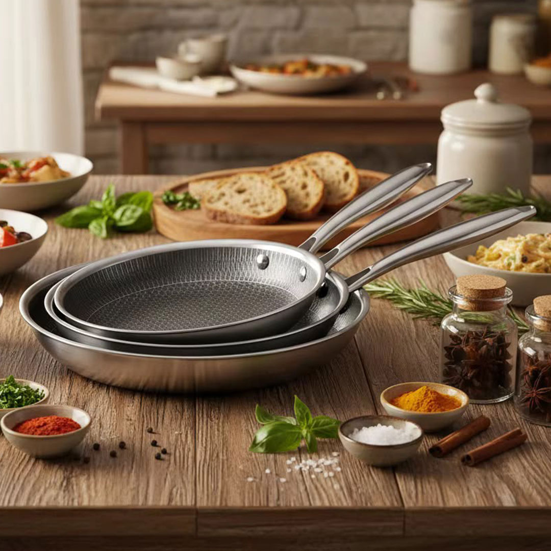 22, 26, or 30cm Tri Ply Stainless Steel Nonstick Frying Pan - Honeycomb Pattern
