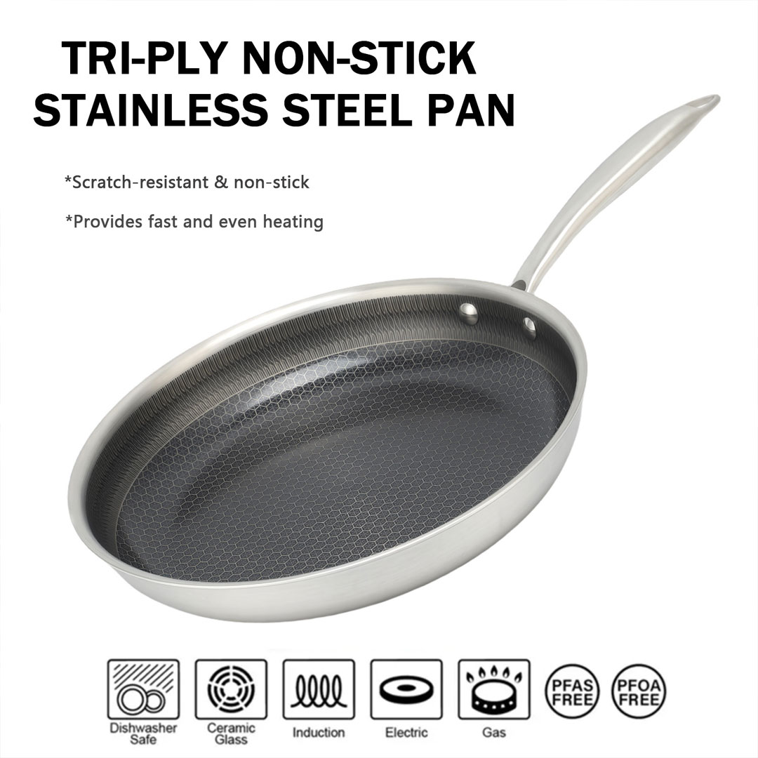 22, 26, or 30cm Tri Ply Stainless Steel Nonstick Frying Pan - Honeycomb Pattern