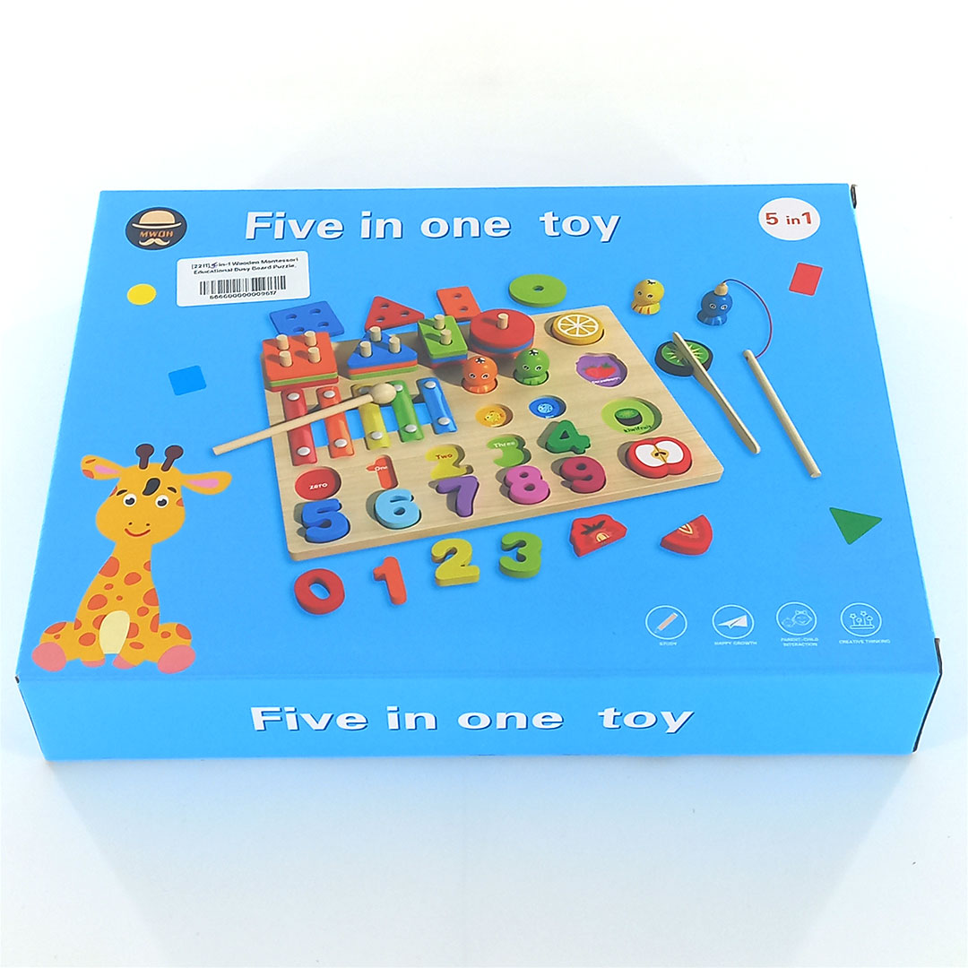 5 in 1 Wooden Montessori Activity Board with Xylophone and Fishing Game