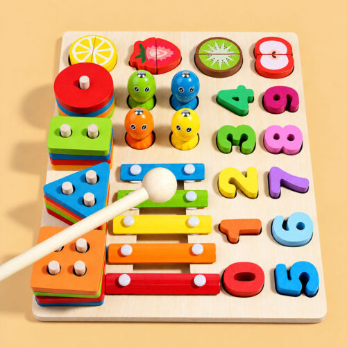 5 in 1 Wooden Montessori Activity Board with Xylophone and Fishing Game