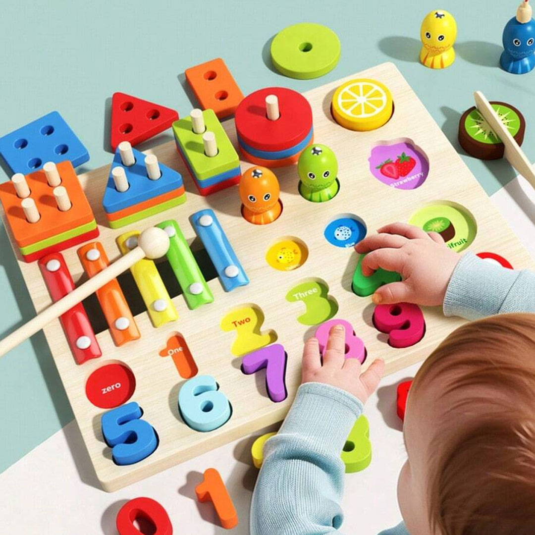 5 in 1 Wooden Montessori Activity Board with Xylophone and Fishing Game