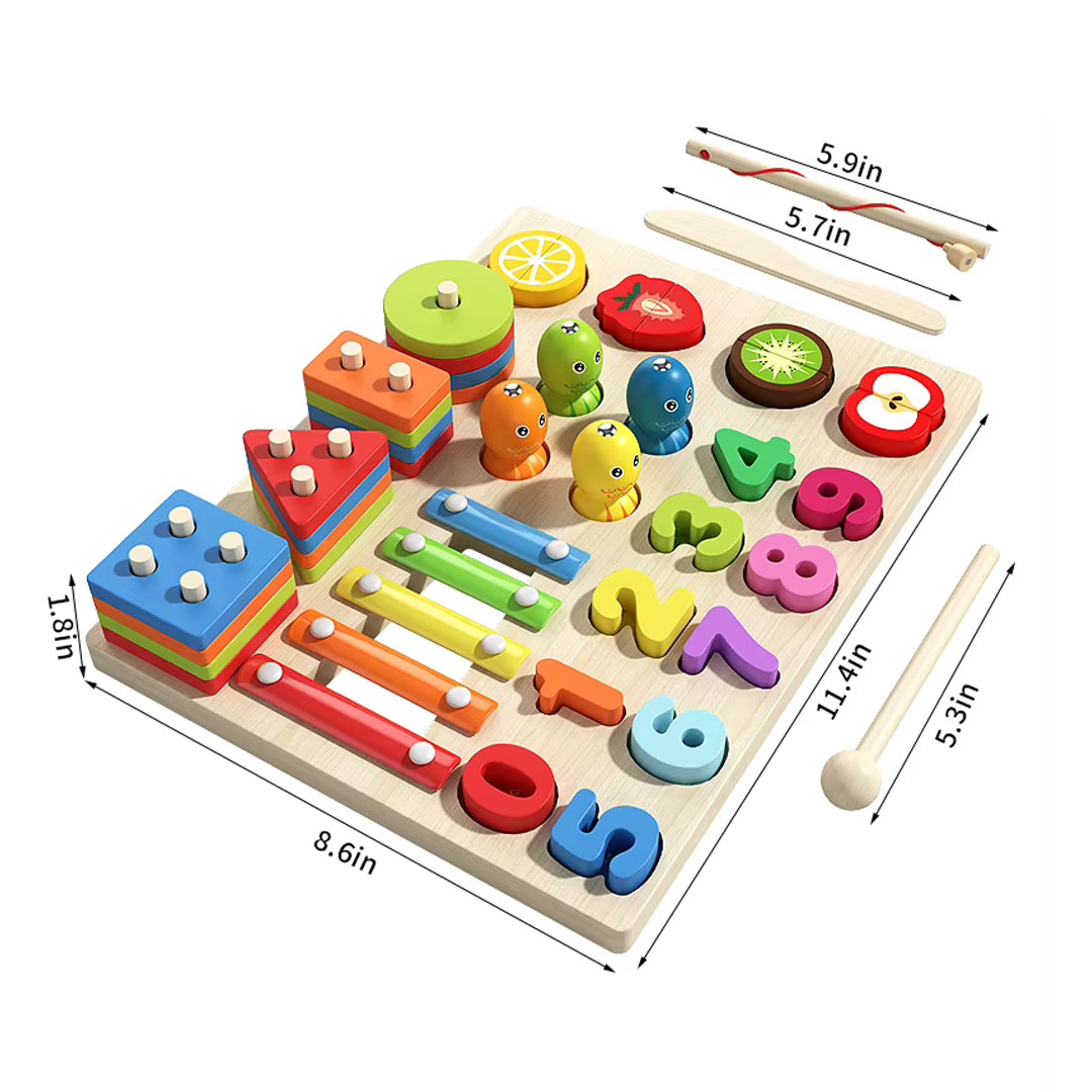 5 in 1 Wooden Montessori Activity Board with Xylophone and Fishing Game
