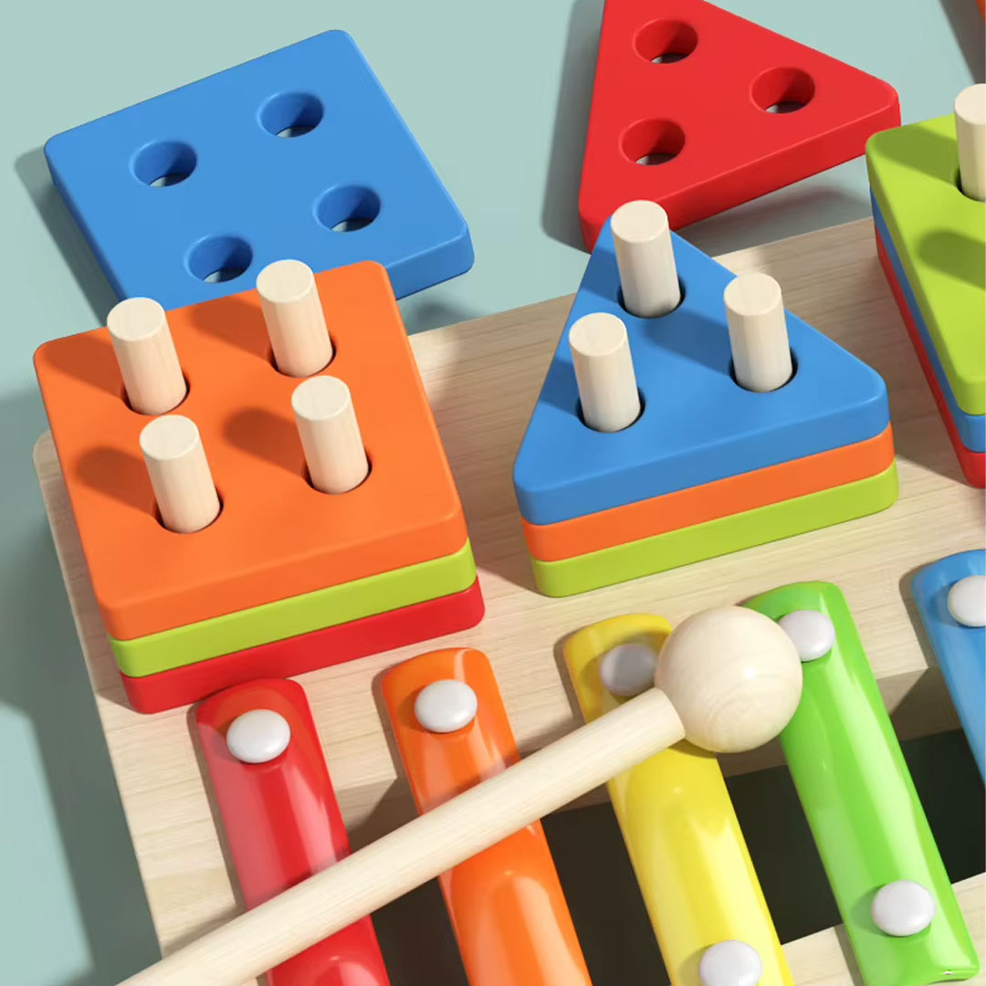 5 in 1 Wooden Montessori Activity Board with Xylophone and Fishing Game