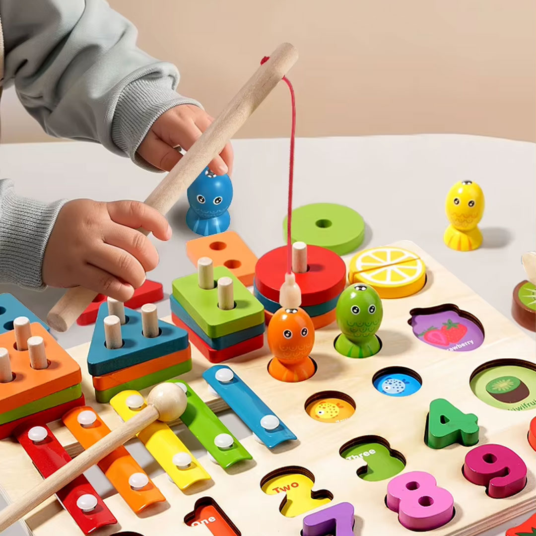 5 in 1 Wooden Montessori Activity Board with Xylophone and Fishing Game