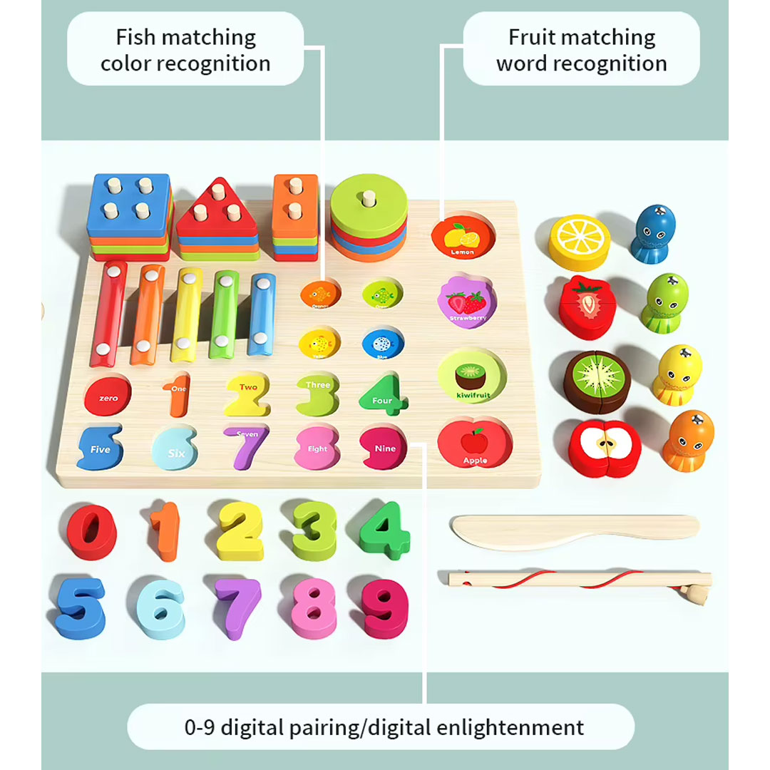 5 in 1 Wooden Montessori Activity Board with Xylophone and Fishing Game