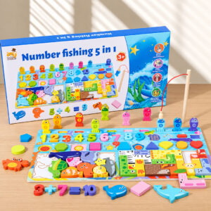 5-in-1 Wooden Montessori Fishing & Shape Sorting Counting Board Toy