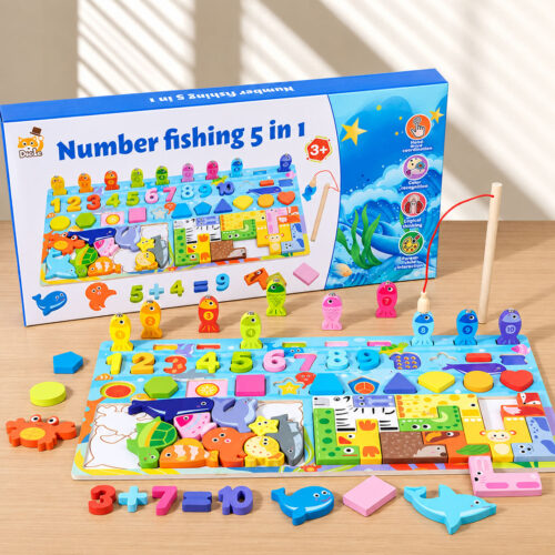 5-in-1 Wooden Montessori Fishing & Shape Sorting Counting Board Toy