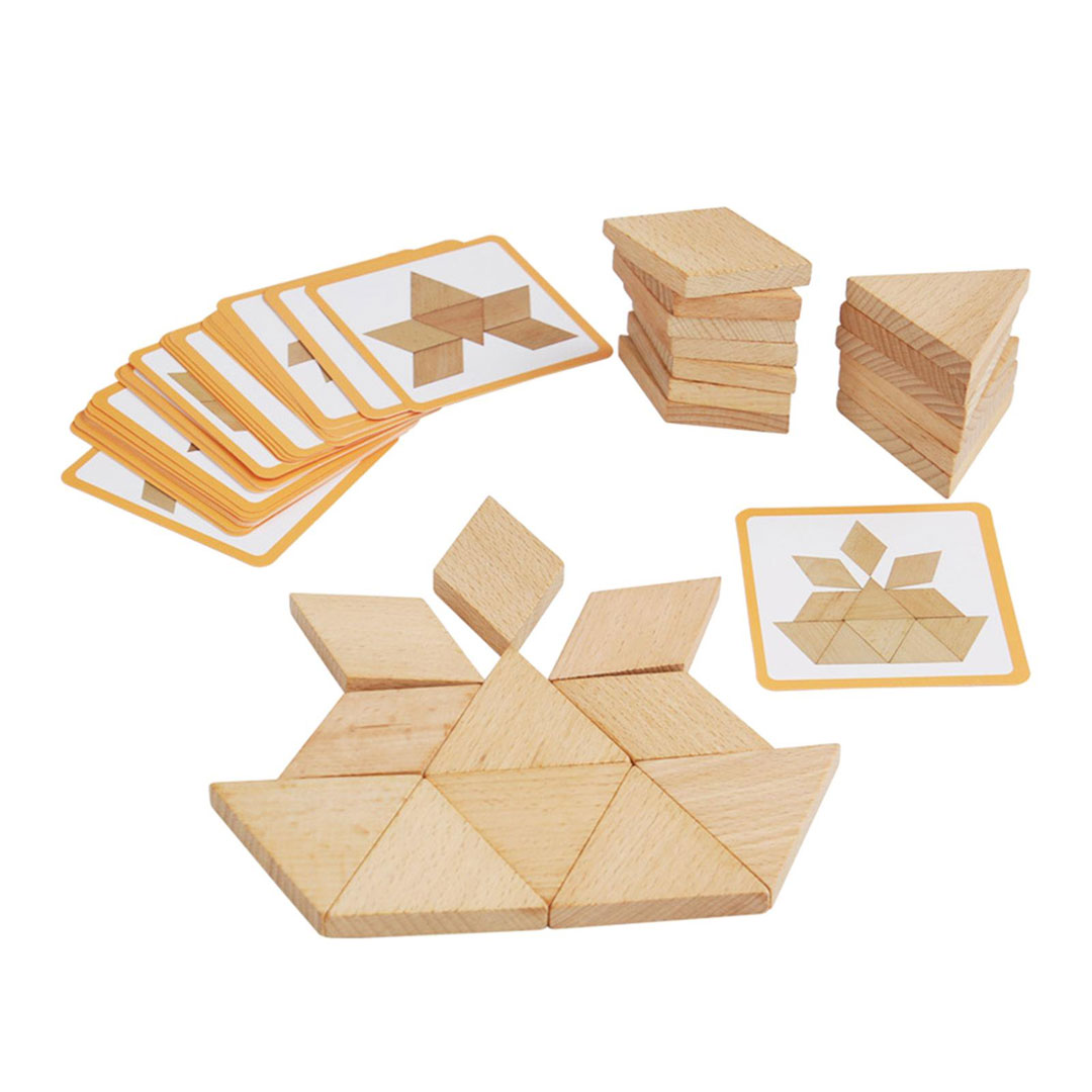 Wooden Pattern Blocks and Shape Puzzle Cards for Kids