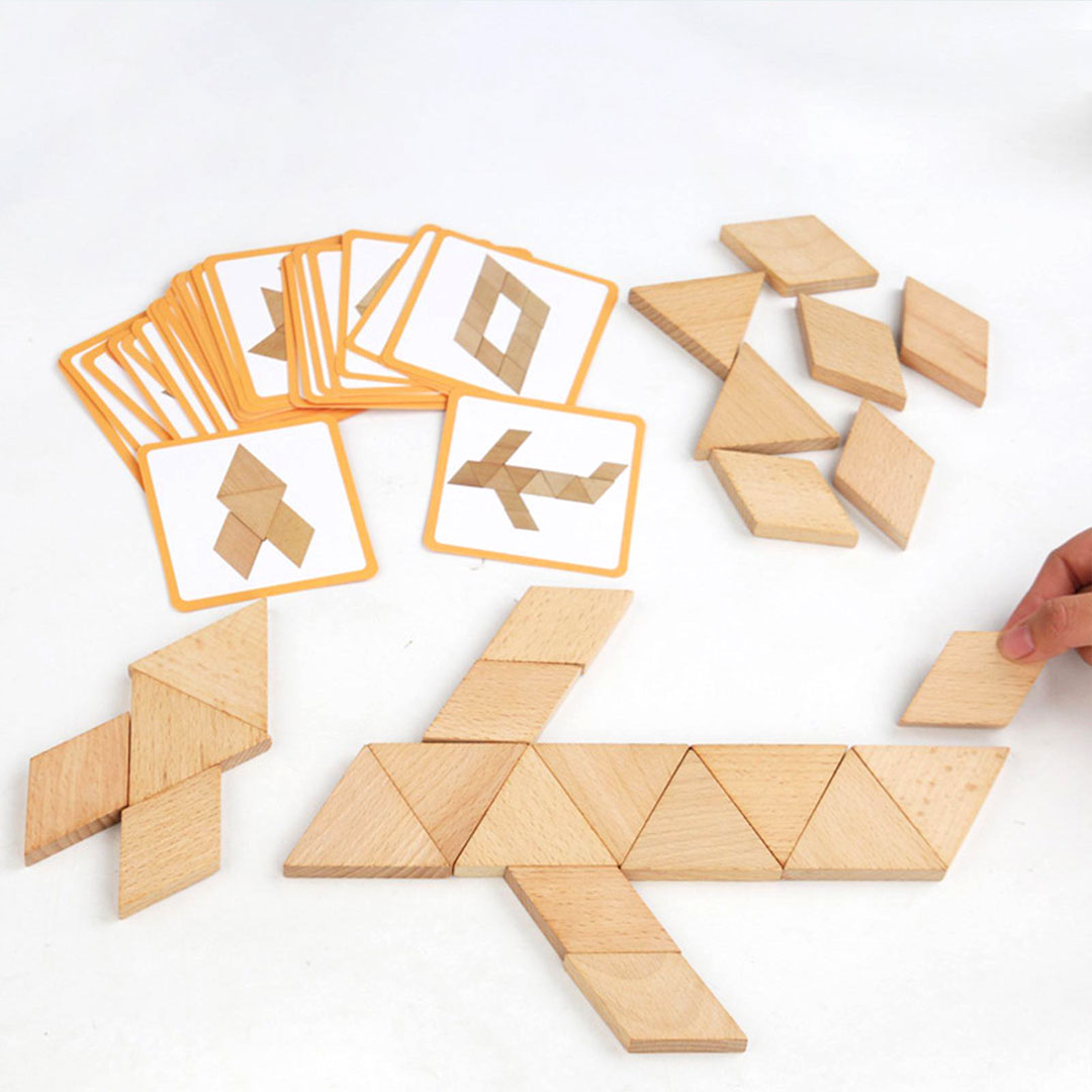 Wooden Pattern Blocks and Shape Puzzle Cards for Kids