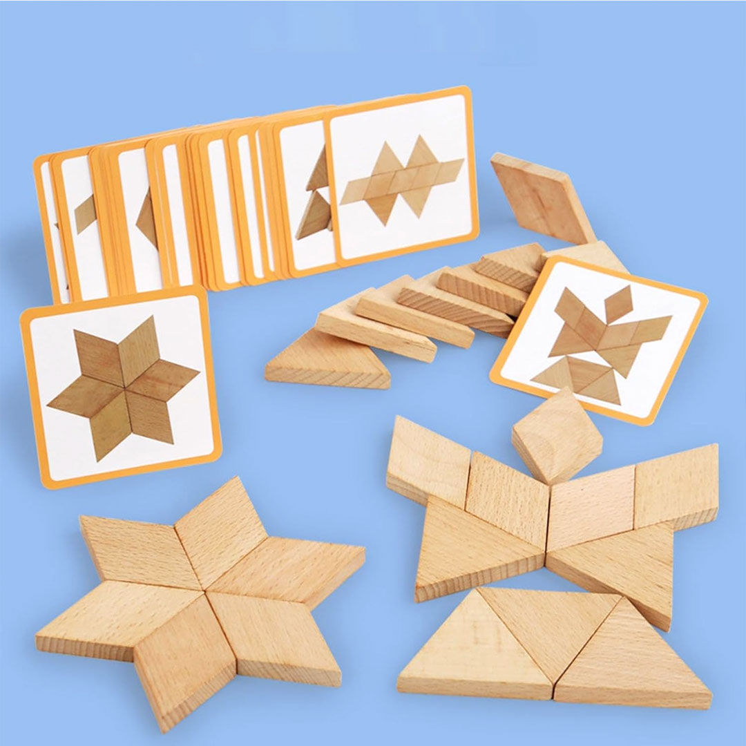 Wooden Pattern Blocks and Shape Puzzle Cards for Kids