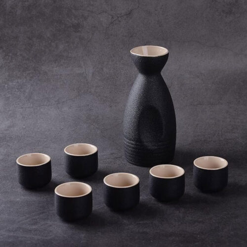 7pc Black Ceramic Sake Set