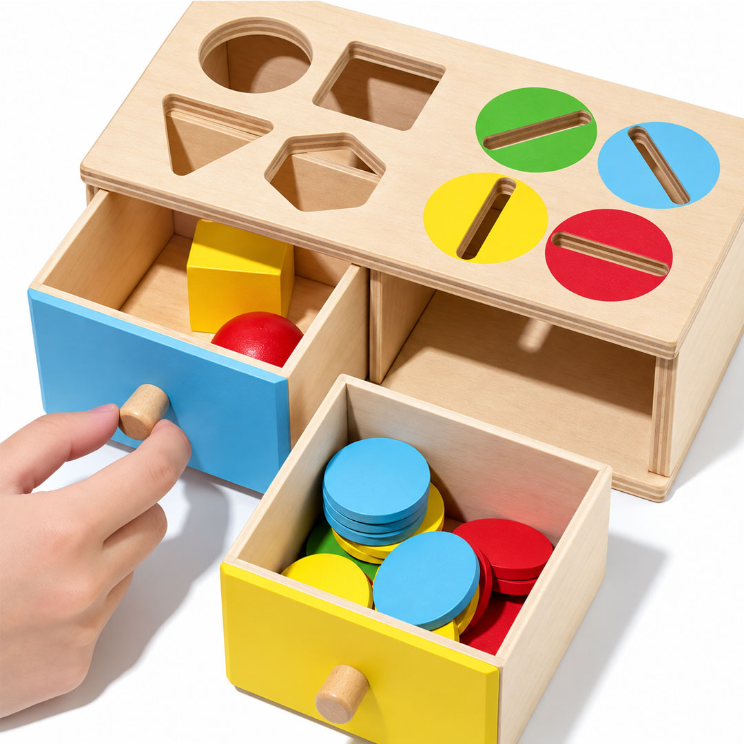 Montessori Wooden Shape Sorter & Color Coin Drop Box Toy