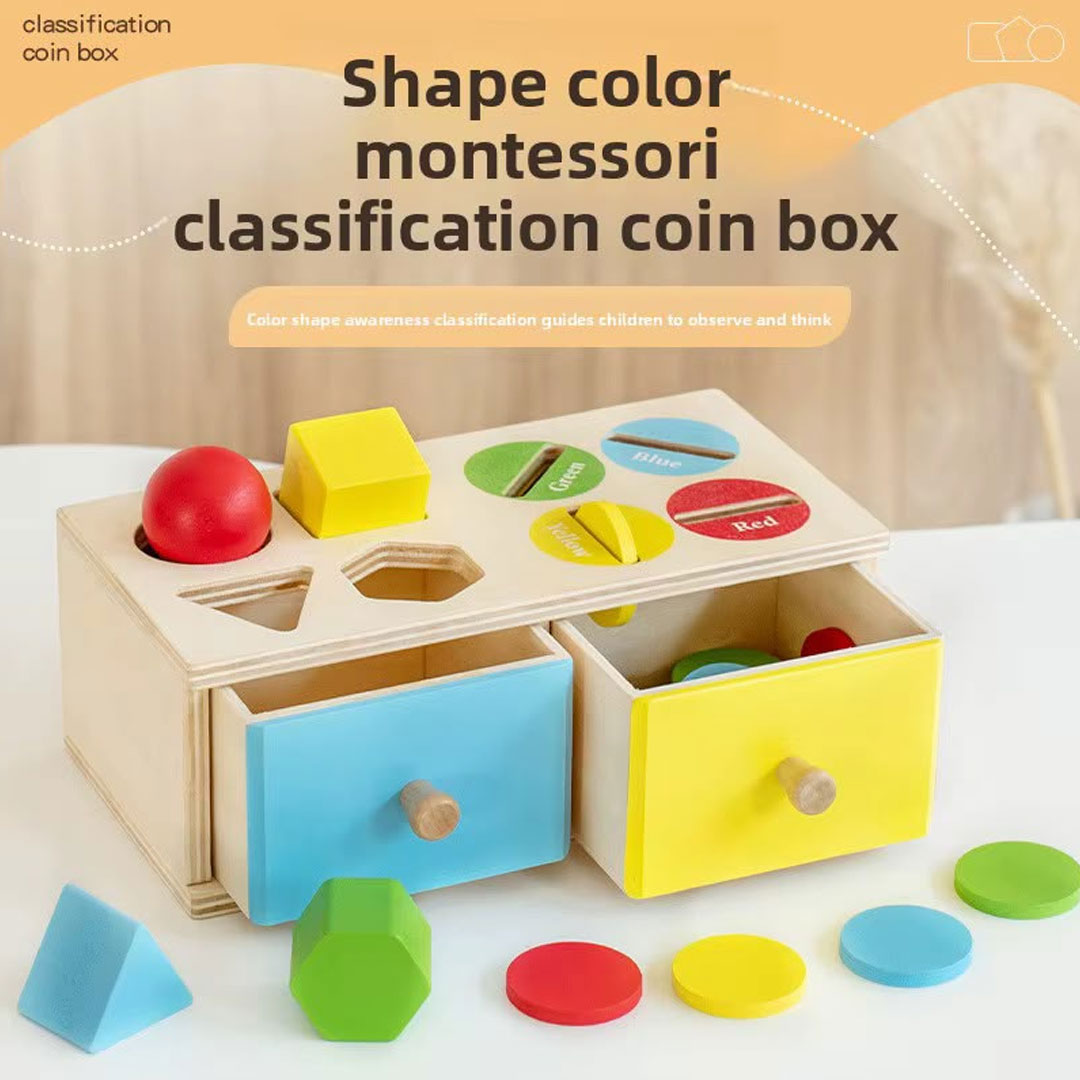 Montessori Wooden Shape Sorter & Color Coin Drop Box Toy
