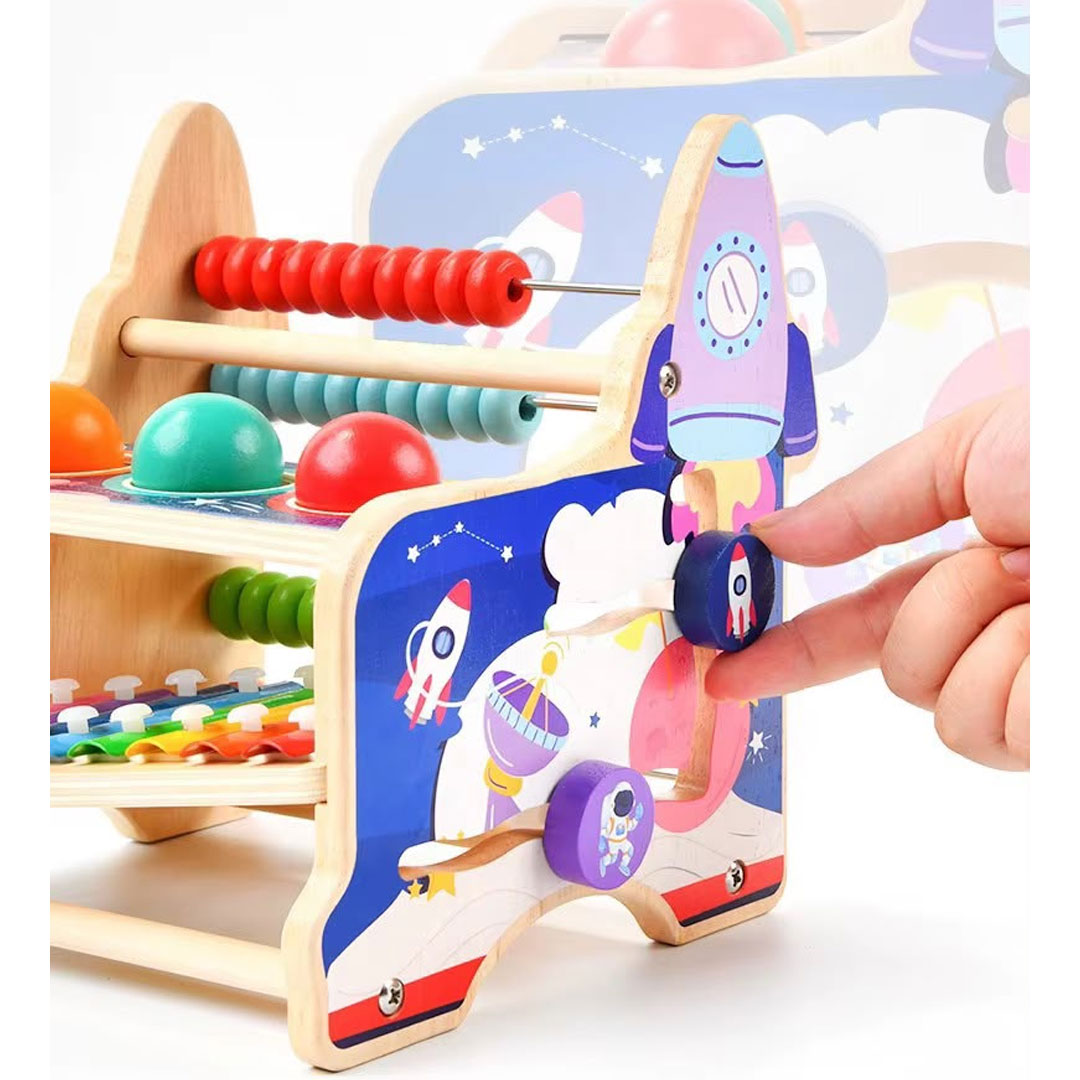 Wooden Montessori Space Themed Pound-a-Ball Hammer and Xylophone Toy
