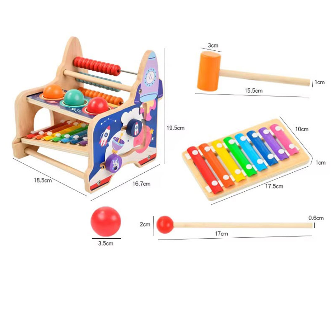 Wooden Montessori Space Themed Pound-a-Ball Hammer and Xylophone Toy