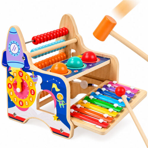Wooden Montessori Space Themed Pound-a-Ball Hammer and Xylophone Toy