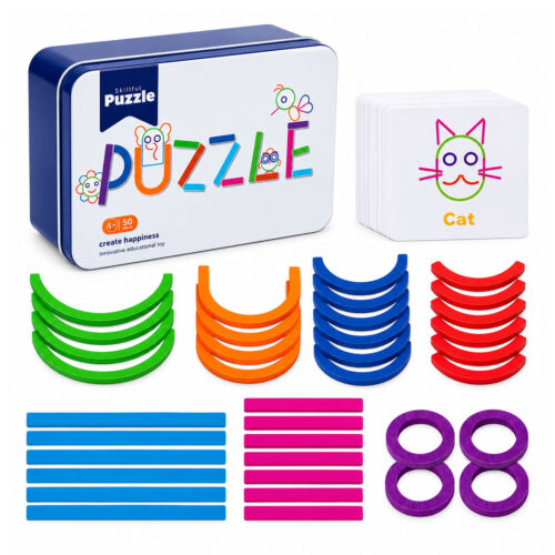 Montessori Shape Puzzle with Curved Sticks, Rings and 30 Double Sided Cards