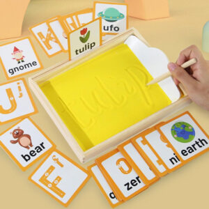 Montessori-Wooden-Sand-Writing-Tray-with-Letter-Cards-3 Montessori Sand Writing Tray with 36 Letter and Number Cards