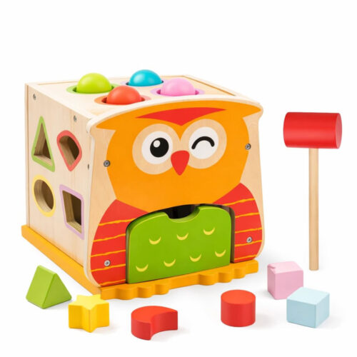 Owl Shape Sorter Wooden Toy with Hammer and Pounding Balls