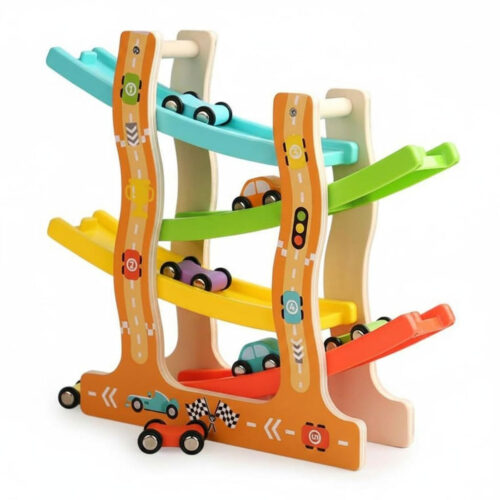 Wooden Car Ramp Racer Track Set with 4 Mini Cars