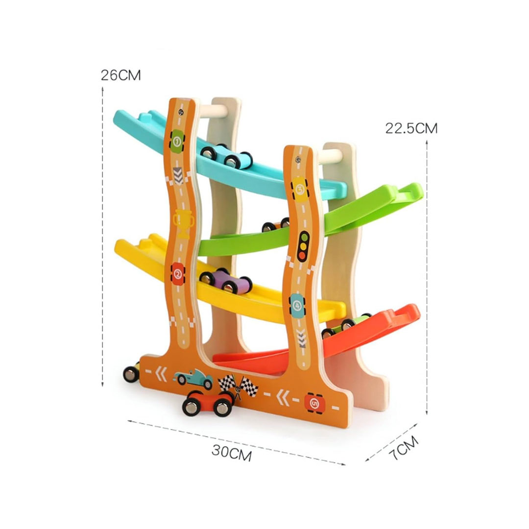 Wooden Car Ramp Racer Track Set with 4 Mini Cars
