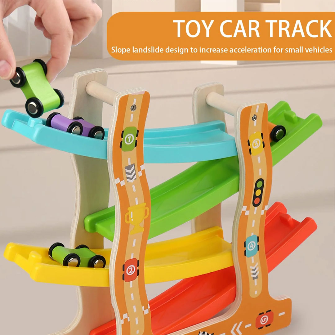 Wooden Car Ramp Racer Track Set with 4 Mini Cars