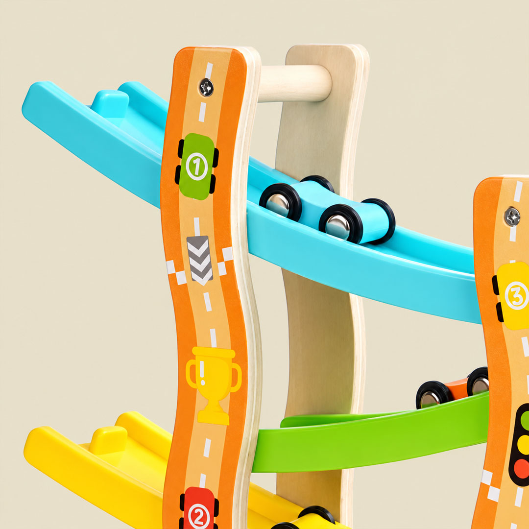 Wooden Car Ramp Racer Track Set with 4 Mini Cars