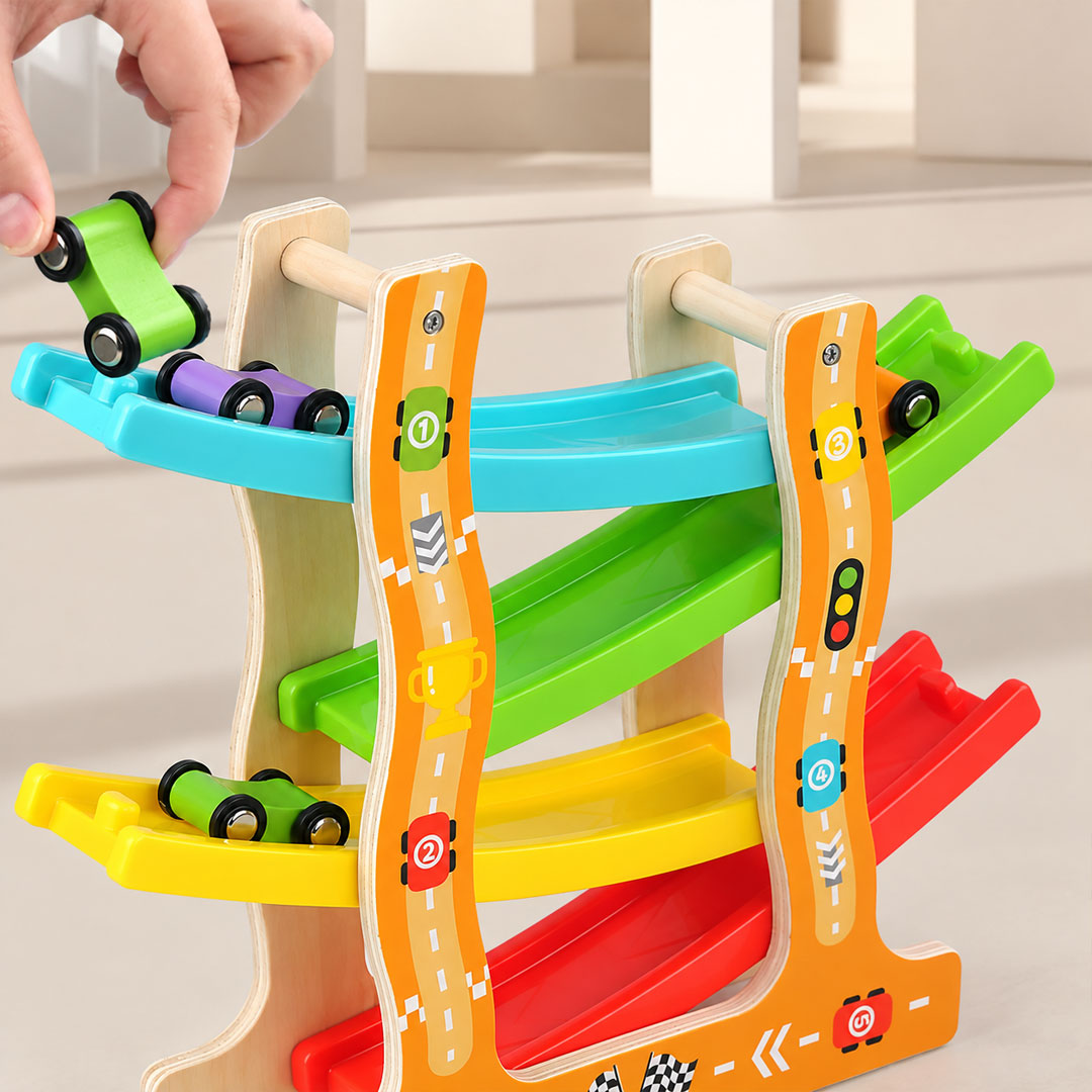 Wooden Car Ramp Racer Track Set with 4 Mini Cars
