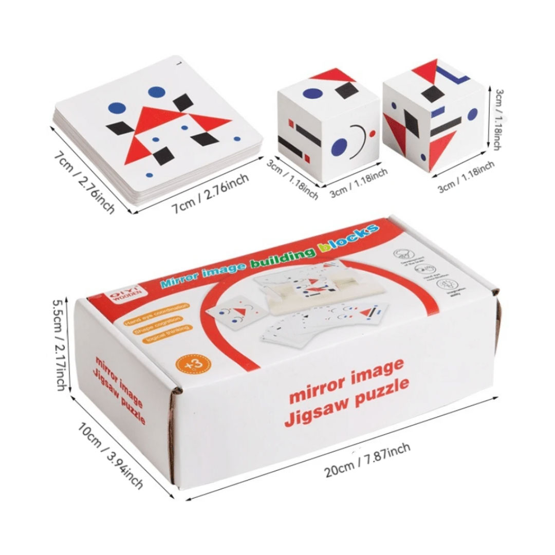 Wooden Mirror Cube Puzzle with 20 Pattern Cards for Kids