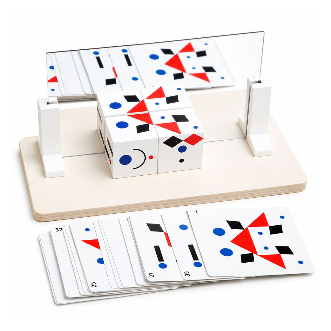 Wooden Mirror Cube Puzzle with 20 Pattern Cards for Kids